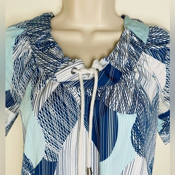 Calvin Klein Nautical Blouse Short Sleeve Tie Neck Rope Size XS Abstract Cotton - Picture 4 of 8